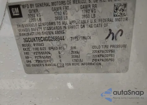 2016 Chevrolet Silverado 1500 High Country z USA, uszkodzony, nr VIN 3GCUKTEC4GG268944